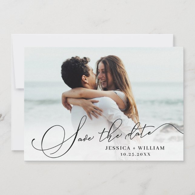 Einfach elegante Kalligrafie Hochzeit 4 Foto Save The Date (Vorderseite)