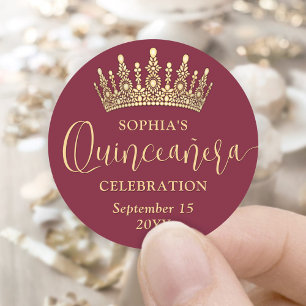 Einfach elegante Quinceañera-Krone Burgund und Gol Runder Aufkleber