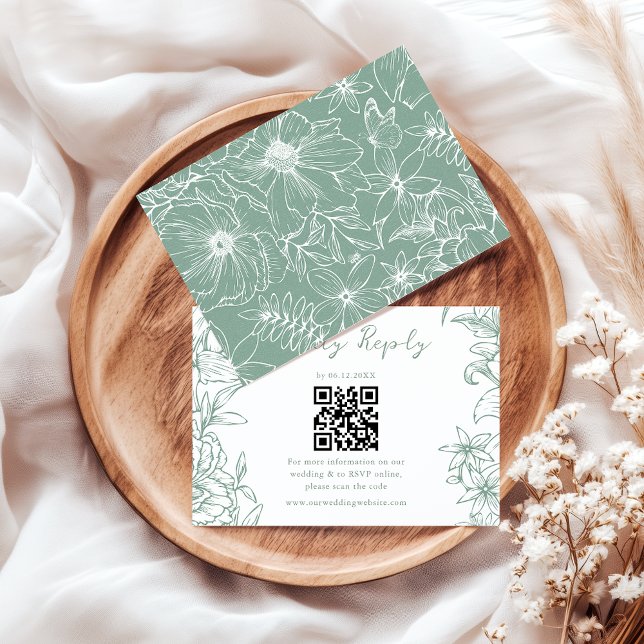 Einfach elegante salbeigrüne florale QR-Code-Hochz RSVP Karte (Von Creator hochgeladen)