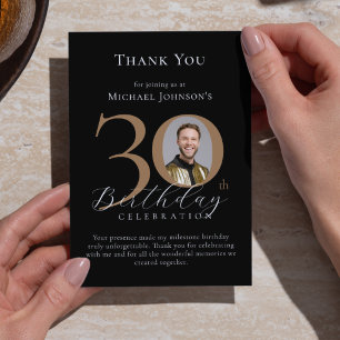 Einfach elegante schwarze Gold-Foto 30. Geburtstag Dankeskarte
