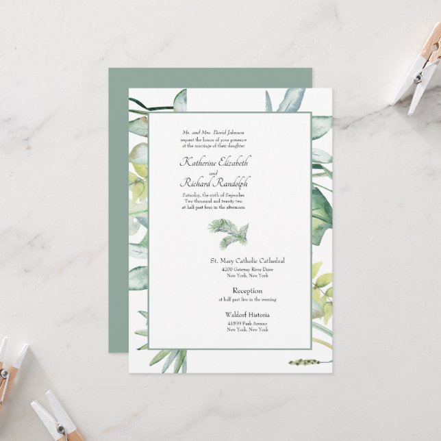 Einfach elegante Tropical Palm Sage Wedding Einladung (Vorderseite/Rückseite Beispiel)