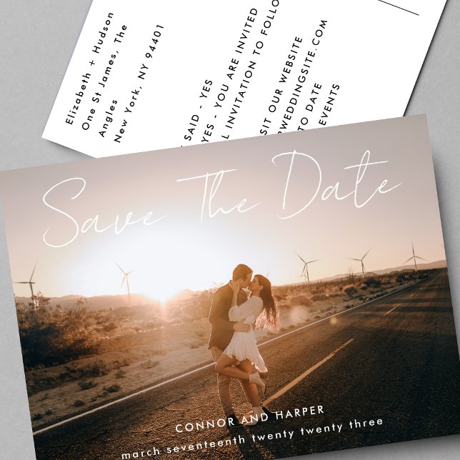 Einfach eleganter Foto Weißer Text Save the Date Ankündigungspostkarte (Von Creator hochgeladen)