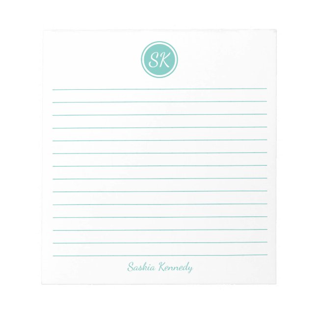 Einfach eleganter Name der Aqua Lined Monogram Notizblock (Vorderseite)