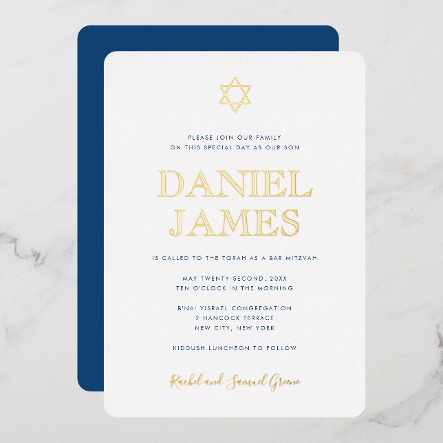 Einfach Eleganter Star von David Bar Mitzvah Real  Folieneinladung (Vorderseite/Rückseite)