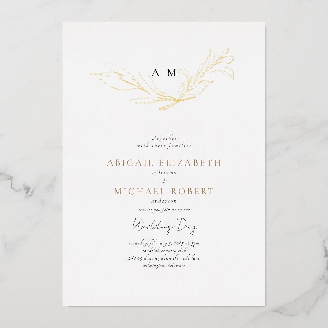 Einfach elegantes Foliage Wedding Gold Folieneinladung (Vorderseite)