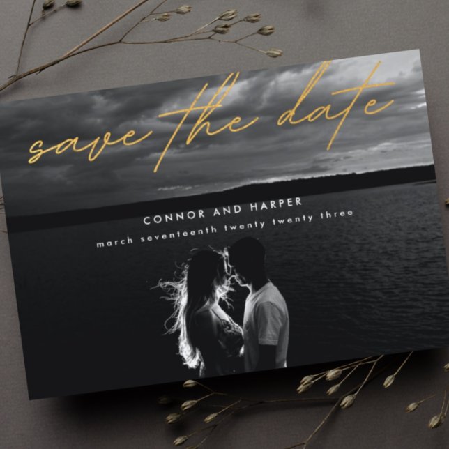 Einfach elegantes Foto Gold Save the Date weiß Ankündigungspostkarte (Von Creator hochgeladen)