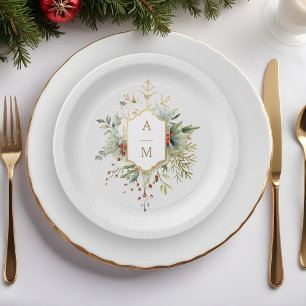 Einfach elegantes Weihnachtsblumenmonogramm Pappteller