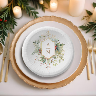 Einfach elegantes Weihnachtsblumenmonogramm Pappteller