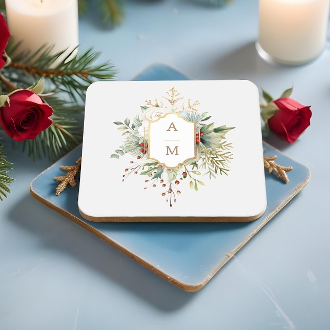 Einfach elegantes Weihnachtsblumenmonogramm Rechteckiger Pappuntersetzer (Von Creator hochgeladen)