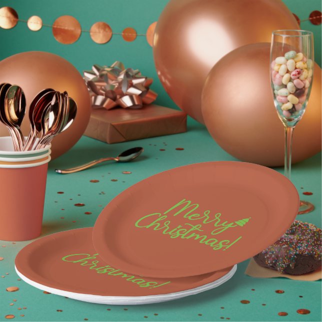 Einfach grüner froher Weihnachtstext auf Reddish-B Pappteller (Multi)