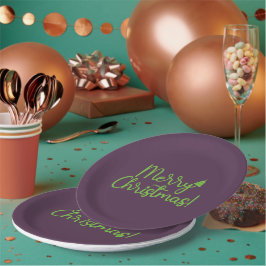 Einfach grüner froher Weihnachtstext auf Violet Pappteller