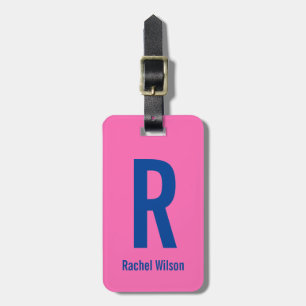 Einfach heißes Rosa mit blauem Namen und Monogramm Gepäckanhänger