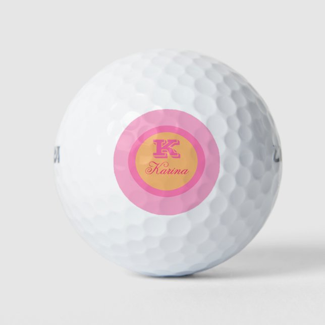 Einfach hellrosa Orange Monogram, Modern Name Golfball (Vorderseite)