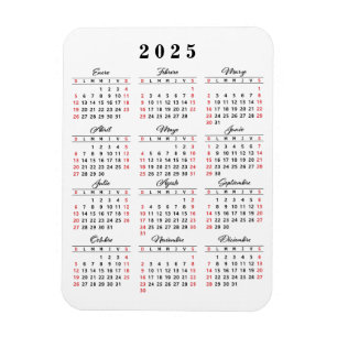 Einfach Kalender 2025 in Spanisch Weiß Schwarz Rot Magnet