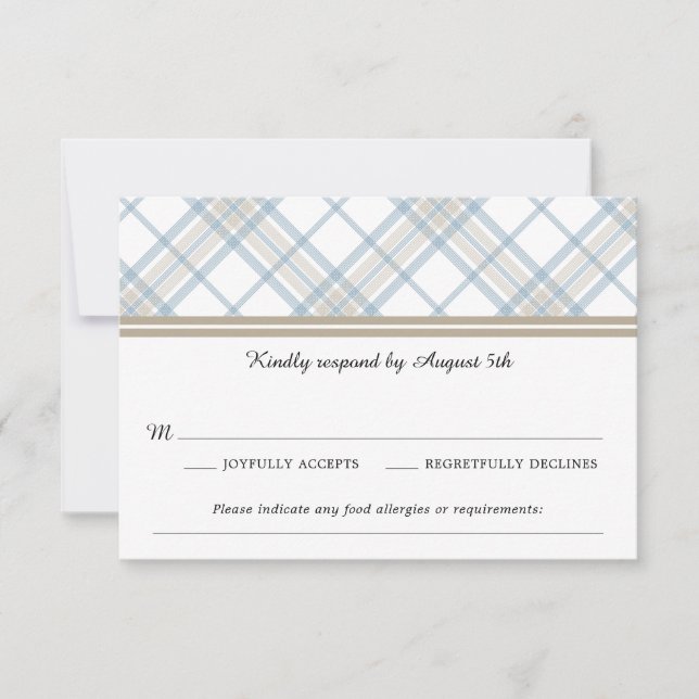 Einfach Kariert Blue & Tan Wedding RSVP Karte (Vorderseite)