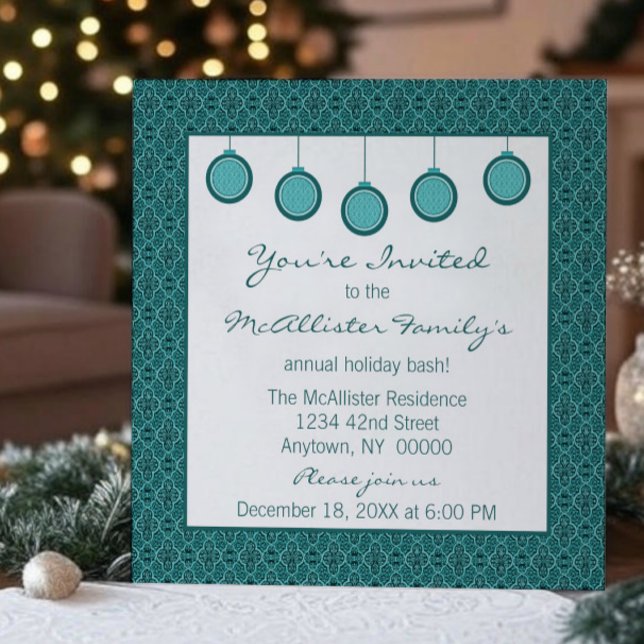 Einfach klassische Damassodekorationen Weihnachten Einladung (Teal Simply Classic Damask Ornaments Christmas Party Invitation)