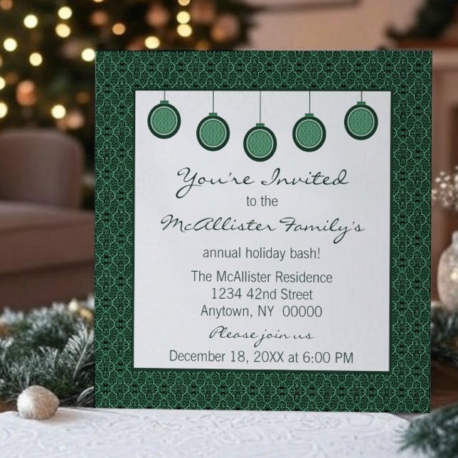Einfach klassische Damassozierungen Weihnachten Gr Einladung (Green Simply Classic Damask Ornaments Christmas Party Invitation)