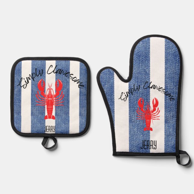 "EINFACH KLAWESOME" Roter Hummer auf Denim Streife Ofenhandschuh & Topflappen-Set (Vorderseite)