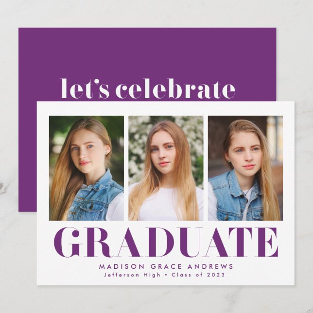 Einfach kühne Lila 3-Foto-Graduierungsparty Einladung (Vorne/Hinten)
