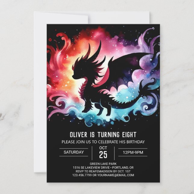 Einfach leuchtender Dragon Birthday Printable Einladung (Vorderseite)