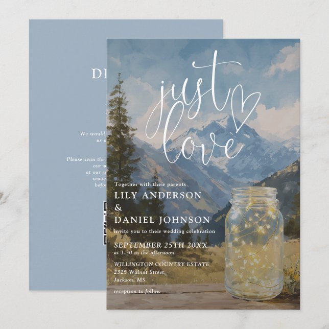 Einfach Liebe Boho Mountain Mason Jar QR Code Hoch Einladung (Vorne/Hinten)
