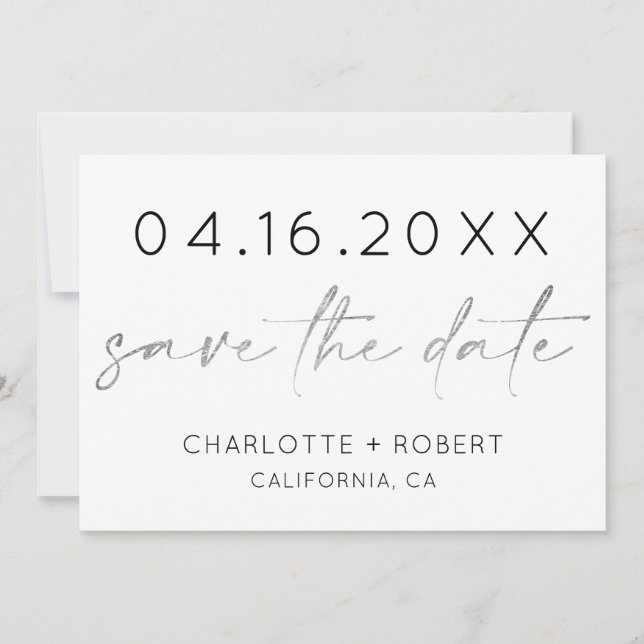 Einfach-minimaler Silber-Script-Schriftart Save th The Date (Vorderseite)