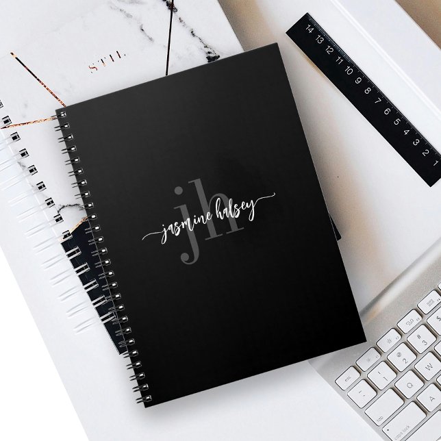 Einfach minimaler Stilname und Initialen schwarz Notizblock (Von Creator hochgeladen)