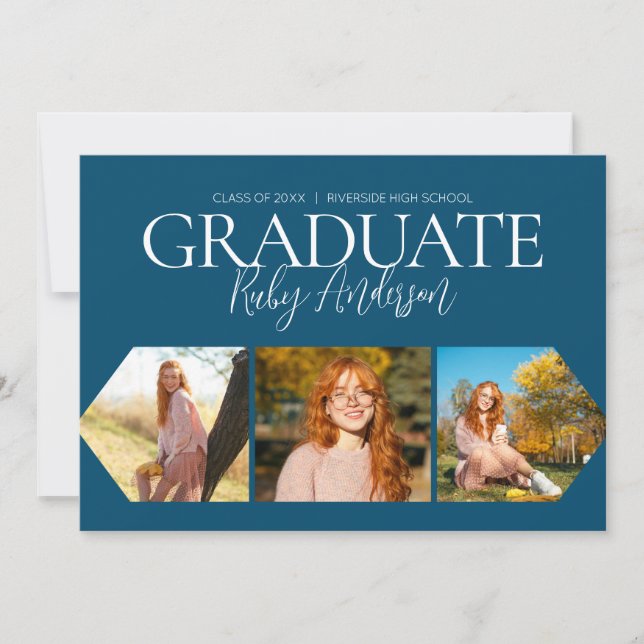 Einfach Minimalistisch 3 Foto Collage Blue Abschlu Ankündigung (Vorderseite)