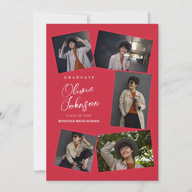 Einfach Minimalistisch 6 Fotolage Roter Abschluss Ankündigung (Vorderseite)