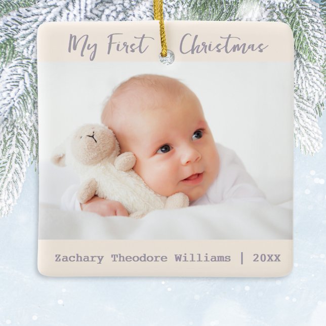 Einfach Minimalistisches Baby's First Christmas Keramikornament (An elegant ceramic ornament for the Christmas tree, to personalize with two photos of your baby)