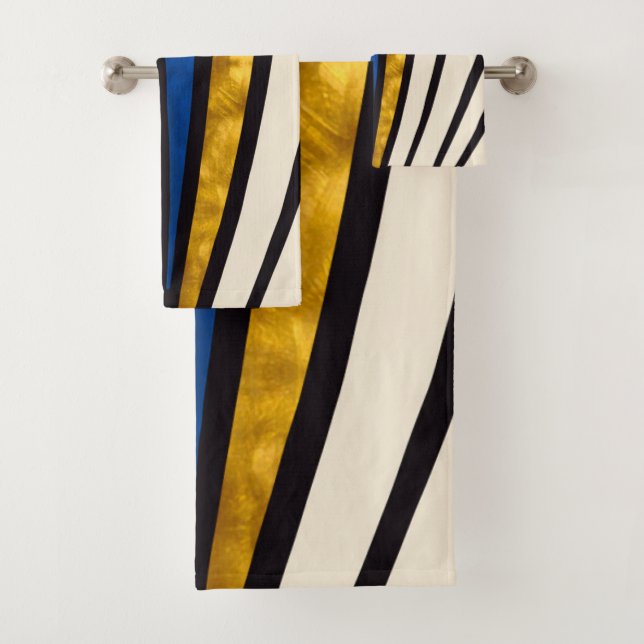 Einfach, modern, Linien, Gold, Blau, Creme Badhandtuch Set (Insitu)