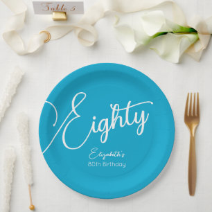 Einfach Modern Script Aqua Blau 80. Geburtstagsfei Pappteller