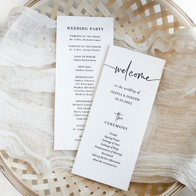 Einfach modern und Minimalistisch | Hochzeit Programm (A black and white, modern and minimalist wedding program with elegant trendy script)