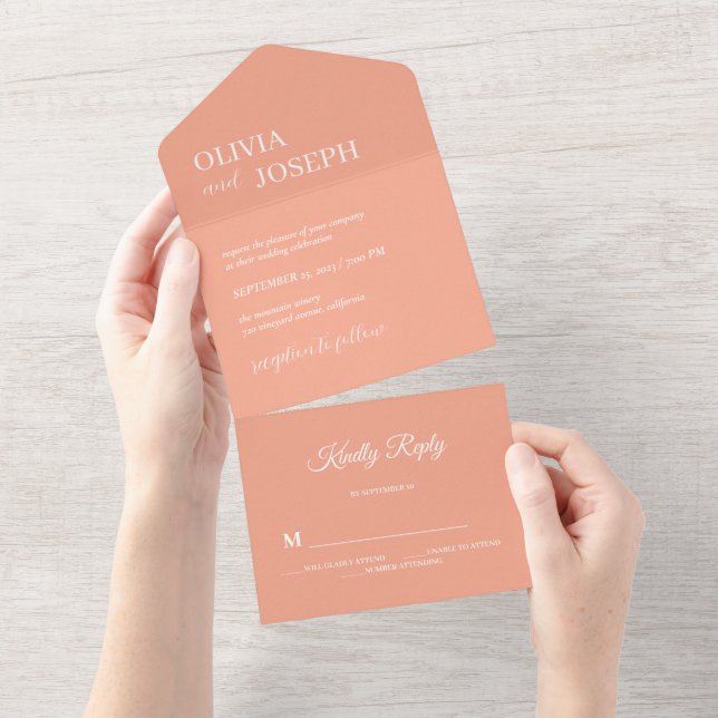 Einfach modern und Minimalistisch | Peach Wedding All In One Einladung (Abreißen)