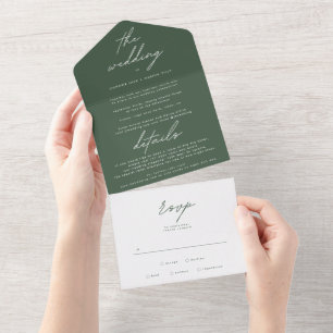 Einfach Moderne Dunkel-Moosgrüne Hochzeit All In One Einladung