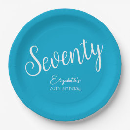 Einfach modernes Script Aqua Blue 70. Geburtstag Pappteller