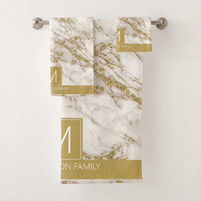 Einfach Monogram Gold und White ID672 marbeln Badhandtuch Set (Insitu)