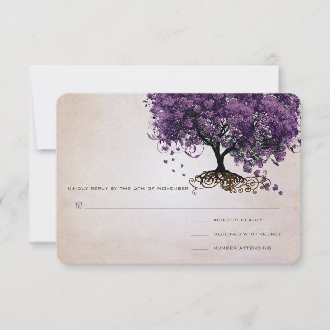 Einfach Peachy Lila Heart Leaf Tree Wedding RSVP (Vorderseite)