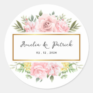 Einfach romantische Rosa-Rose-Blumenhochzeit Runder Aufkleber