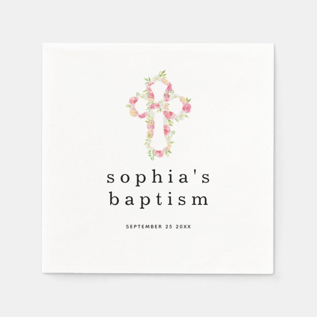 Einfach rosa Florals Kreuzname Datum Taufe Girl N Serviette (Vorderseite)