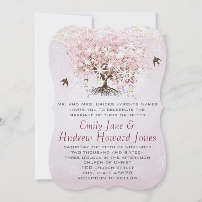 Einfach rosa Heart Leaf Tree Love Bird Wedding Einladung (Vorderseite)