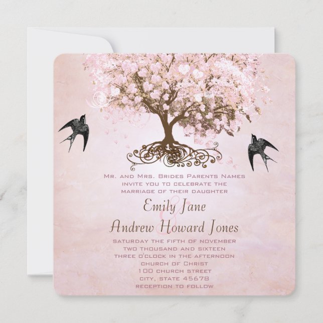 Einfach rosa Heart Leaf Tree Love Bird Wedding Einladung (Vorderseite)