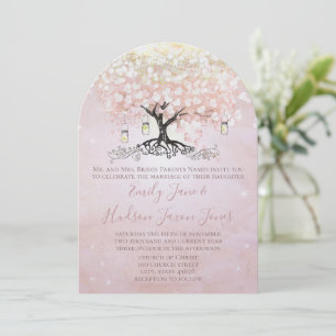 Einfach rosa Herz Leaf Tree Mason Jar Wedding Einladung