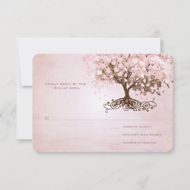 Einfach rosa Herz Leaf Tree Wedding RSVP (Vorderseite)