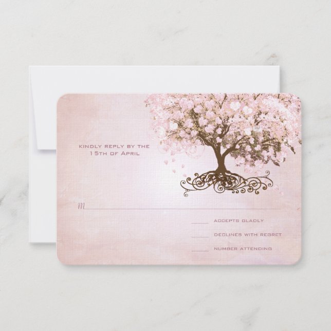 Einfach rosa Herz Leaf Tree Wedding RSVP Karte (Vorderseite)