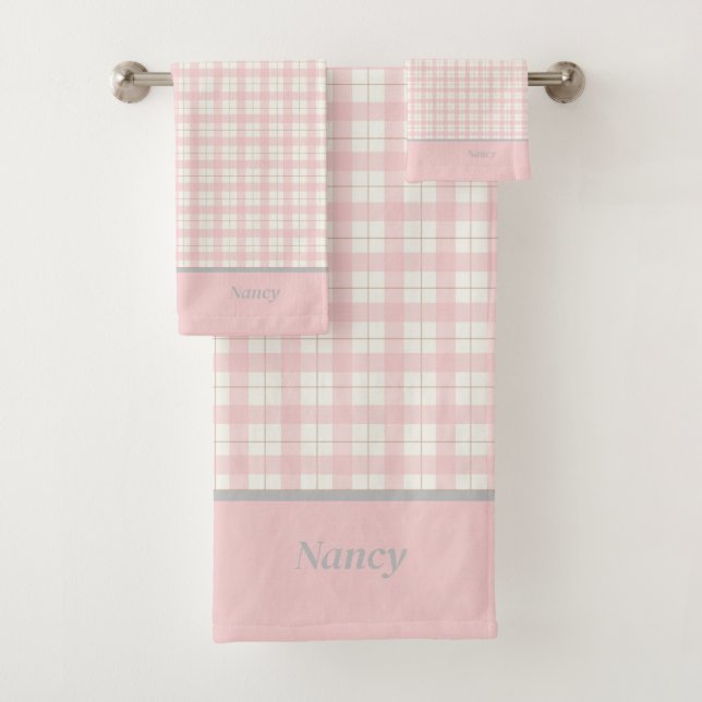 Einfach rosa Karierter Individuelle Name Bauernhof Badhandtuch Set (Insitu)