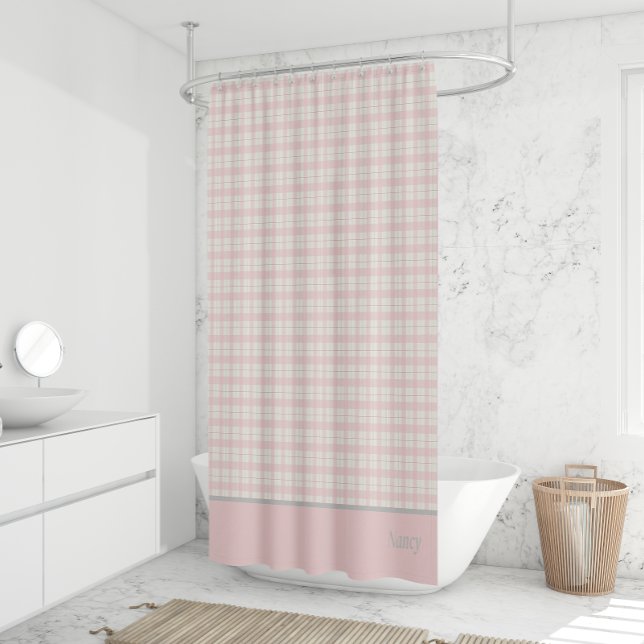 Einfach rosa Karierter Individuelle Name Bauernhof Duschvorhang (Simple Pink Plaid Custom Name Farmhouse Shower Curtain)