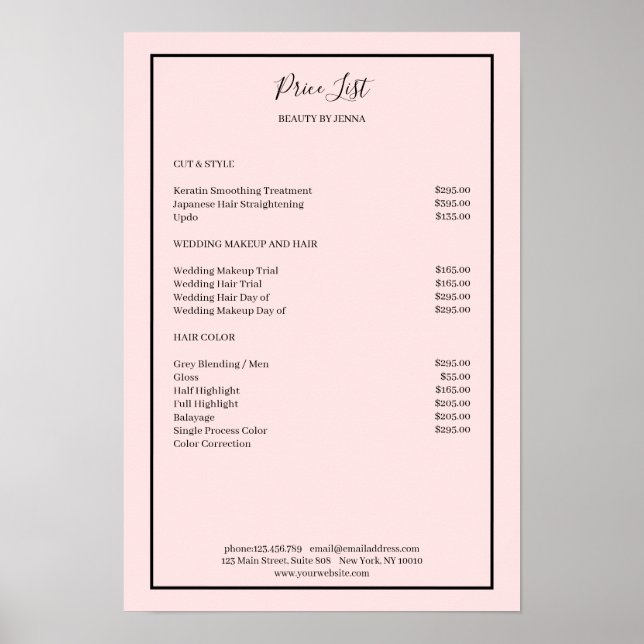 Einfach rosa schwarze Preisliste Poster (Vorne)