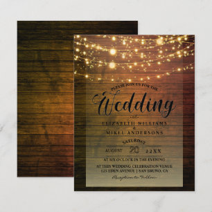 Einfach rustikal Holz dunkle Lichter String weddin Einladung