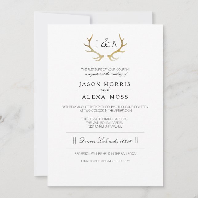 Einfach rustikaler Gold Antler | Elegante Hochzeit Einladung (Vorderseite)